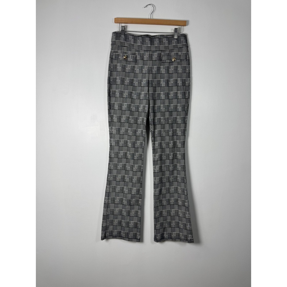 Dark Academia Zoe + Phoebe Womens Med Flare Pants Black White Plaid Gold Button‎
